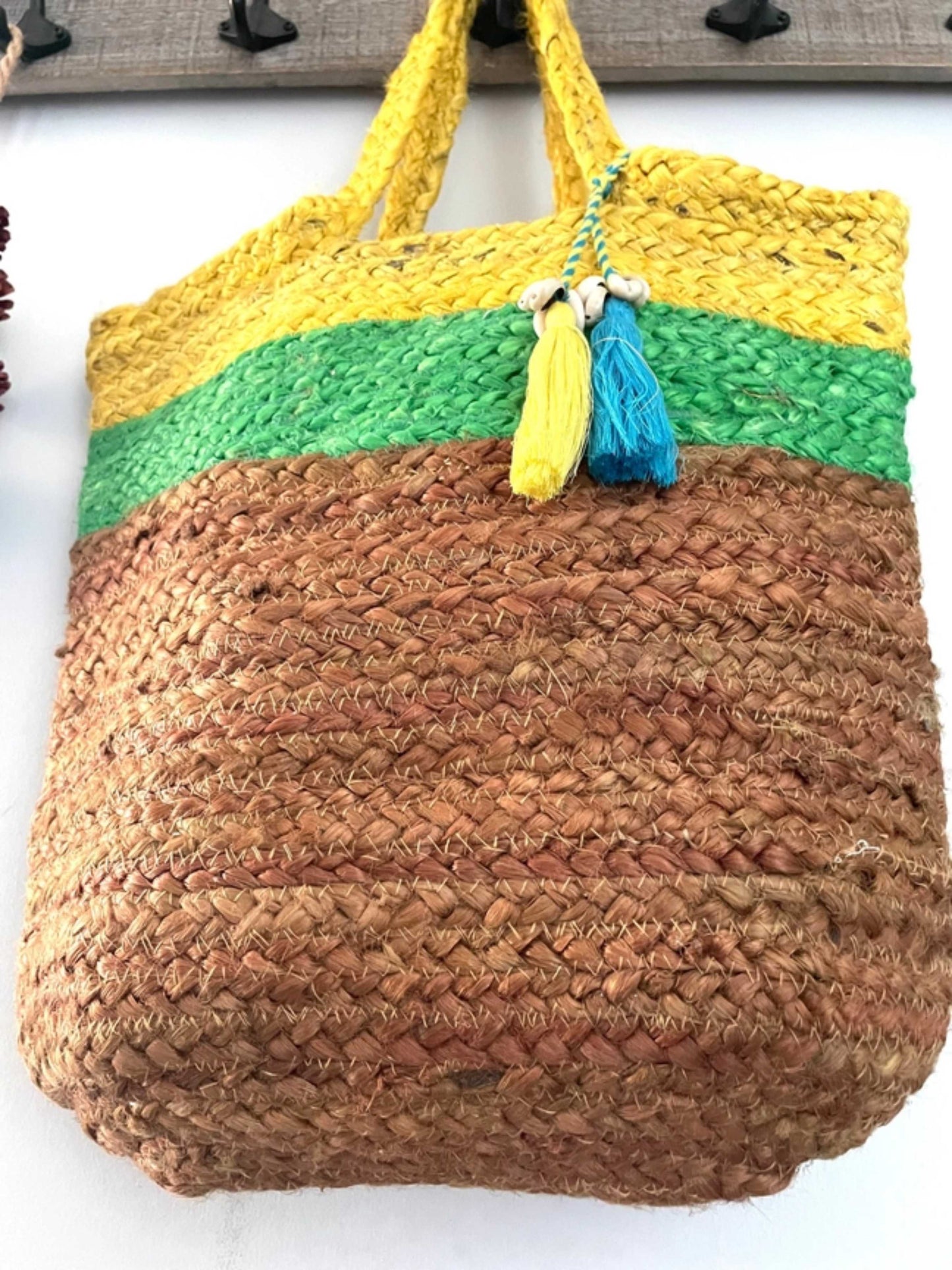 Green Yellow Beige Jute Knitted Tote Bag For Picnics, Beach