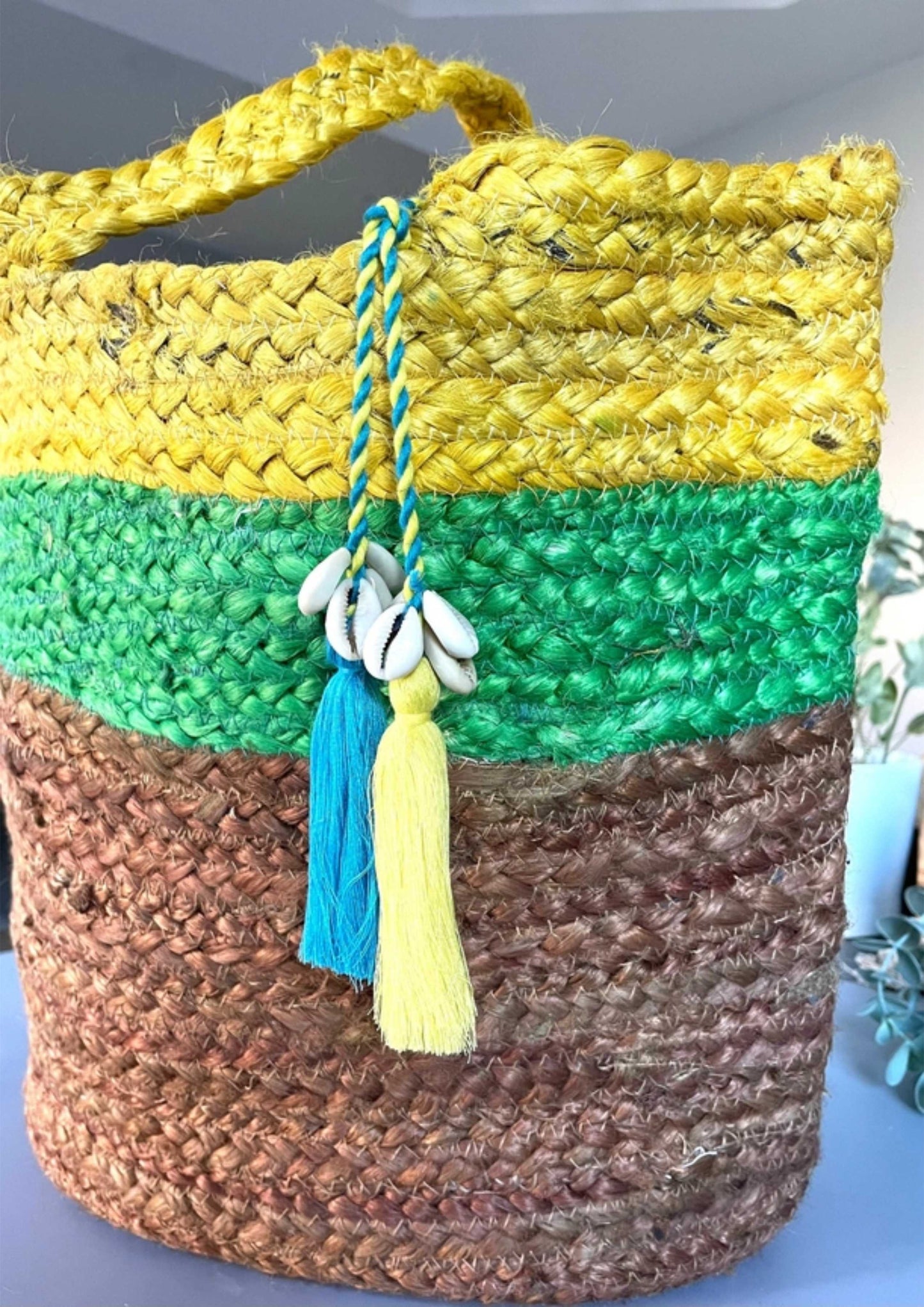 Green Yellow Beige Jute Knitted Tote Bag For Picnics, Beach