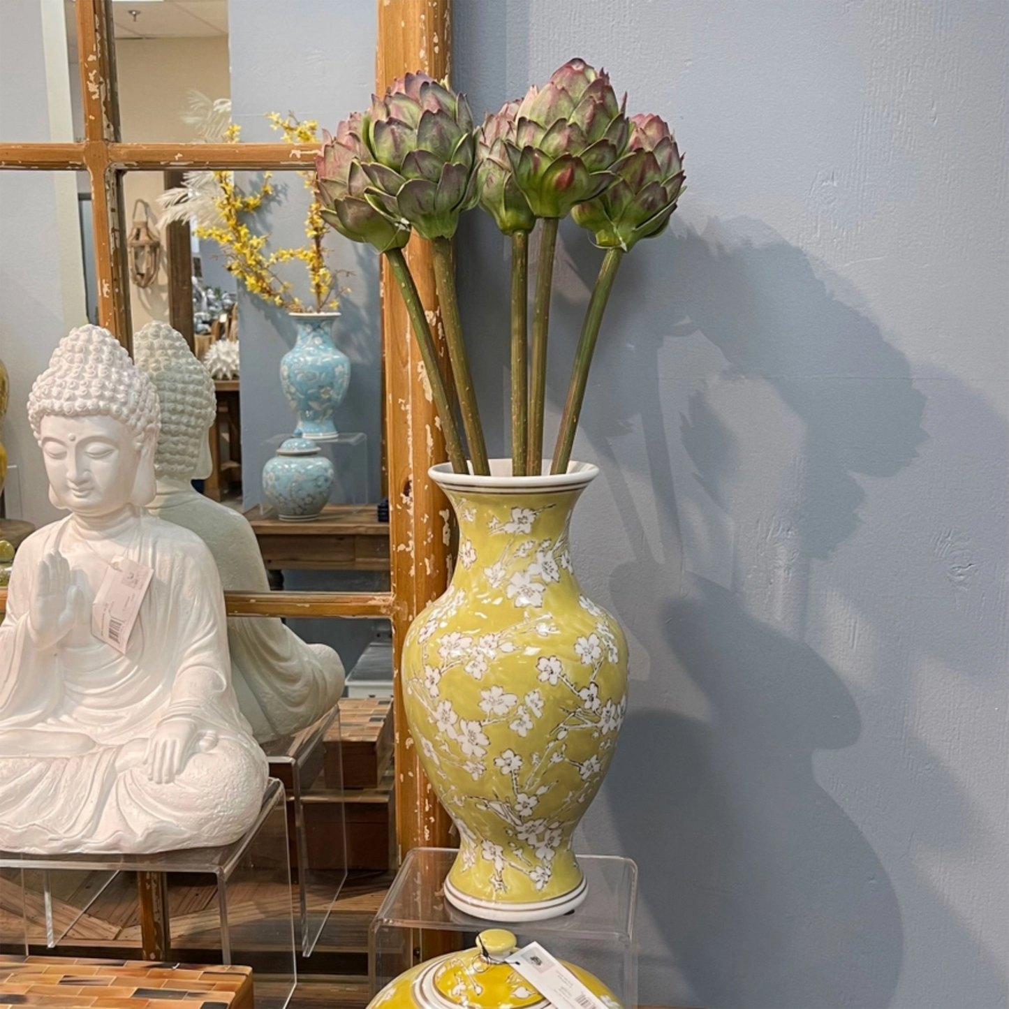 Yellow & White Chinoiserie Vase 14"