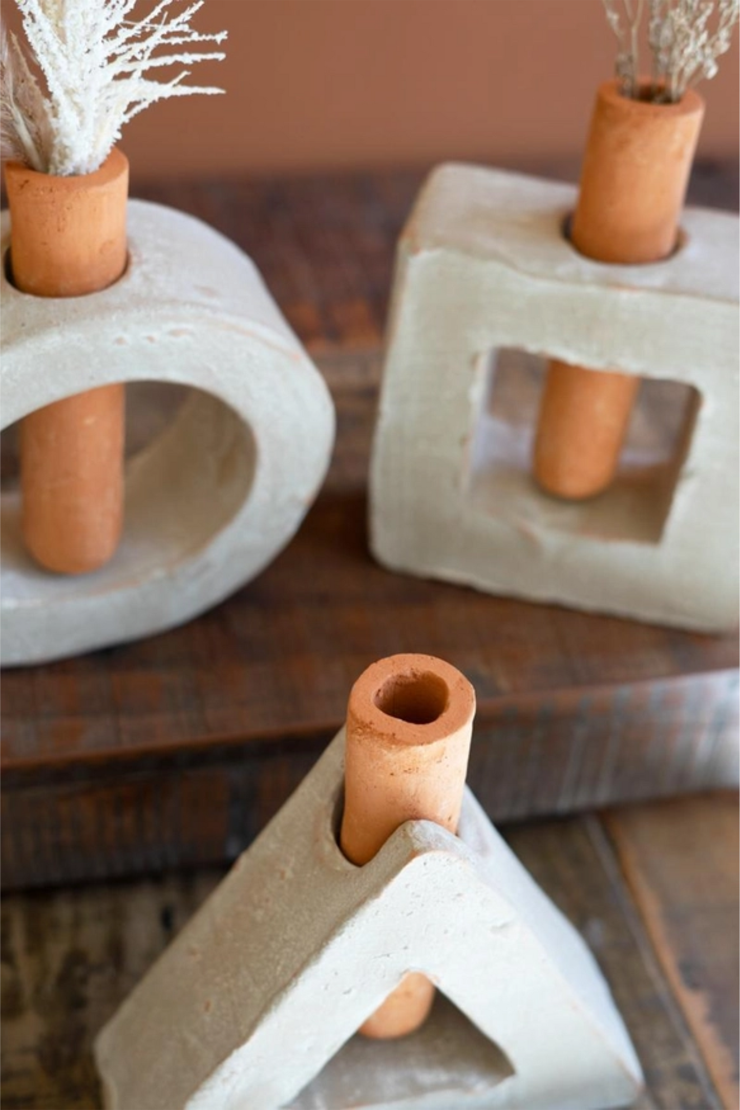 Set of 3 Grey-Wash Clay Geometric Bud Vases