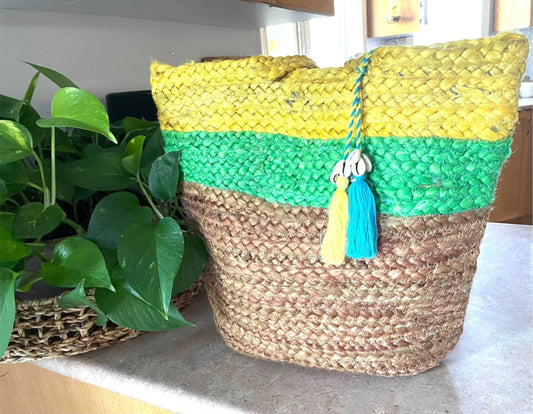 Green Yellow Beige Jute Knitted Tote Bag For Picnics, Beach