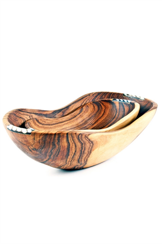 Set of Two Wild Olive Wood Dippy Dip Bowls with Batik Bone Inlay