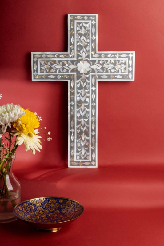 Jodhpur Mother of Pearl Wall Cross - Gray