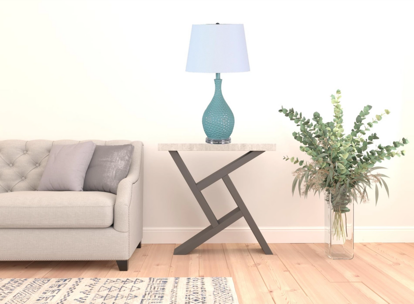 28" Aqua Hammered Table Lamp with White Tapered Drum Shade