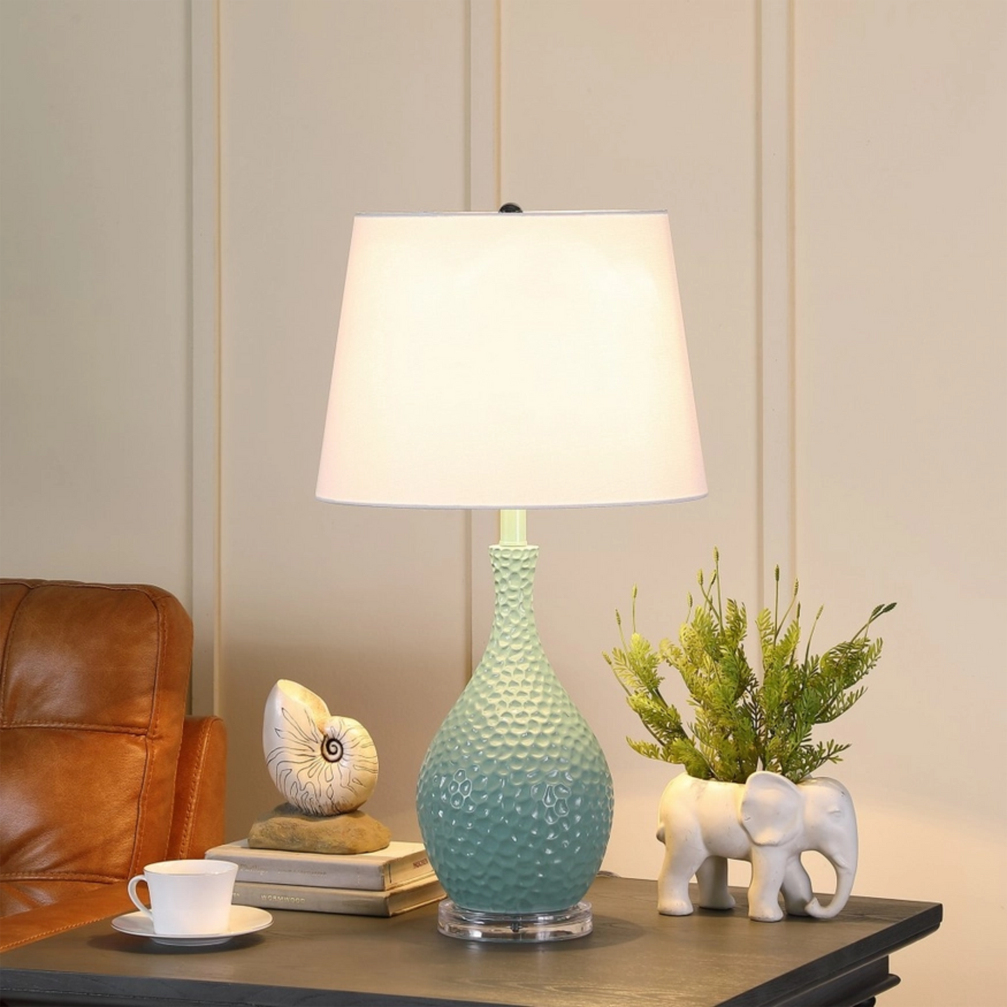 28" Aqua Hammered Table Lamp with White Tapered Drum Shade