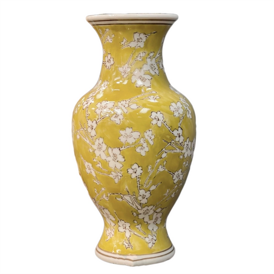 Yellow & White Chinoiserie Vase 14"