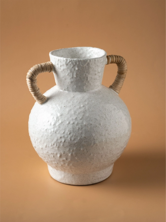 Rattan Wrapped Handle Vase Off White Medium
