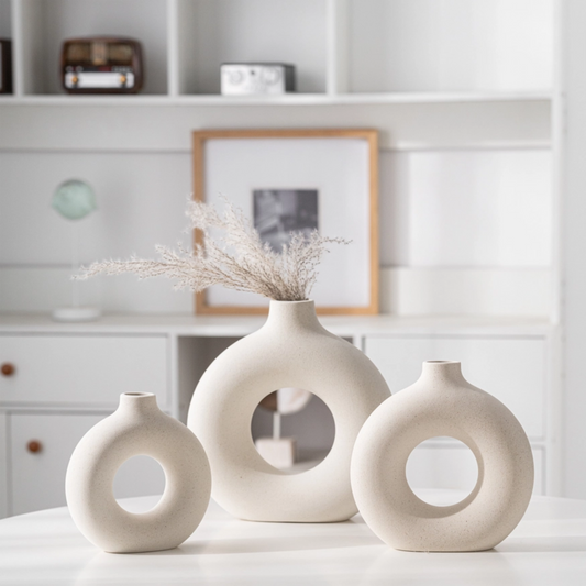 Ceramic Hollow Donut Vase Set 3, Off White